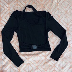 Black halter long sleeve cropped top